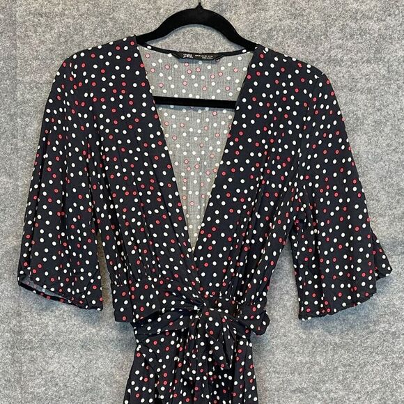 ZARA Dress Size XS Polka Dot Tie Wrap Midi Chic Black Red White V-Neck Ruffle - Picture 3 of 14